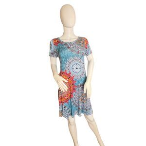 Korsis Dress Medium Mandala Print Boho Stretch Knit Festival Vibes T Shirt Dress